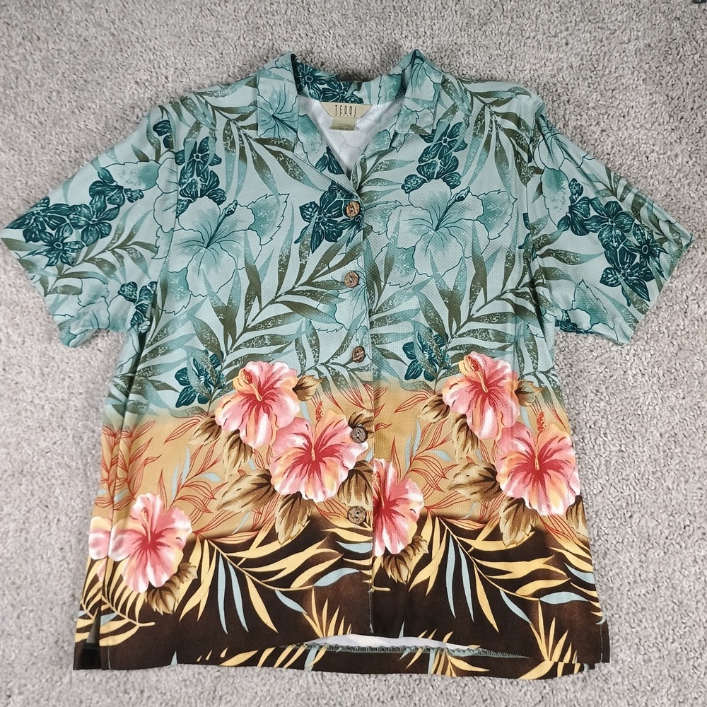 Vintage Teddi Women Petite Large Rayon Hawaiian Shirt Genuine Coconut Buttons